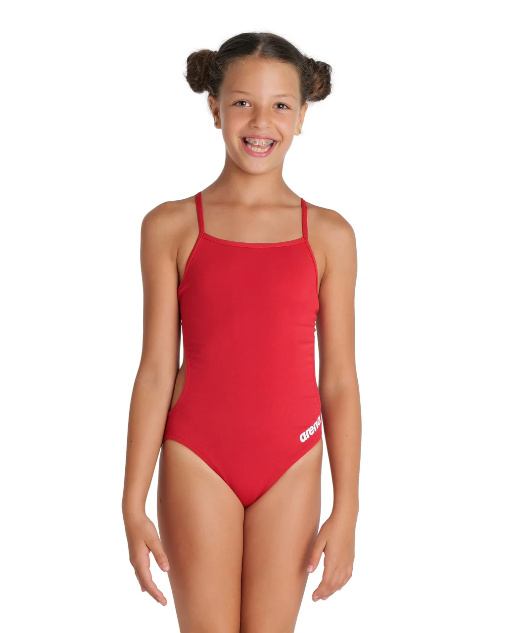 Bañador liso arena Performance para niña Challenge Team - Rojo Blanco