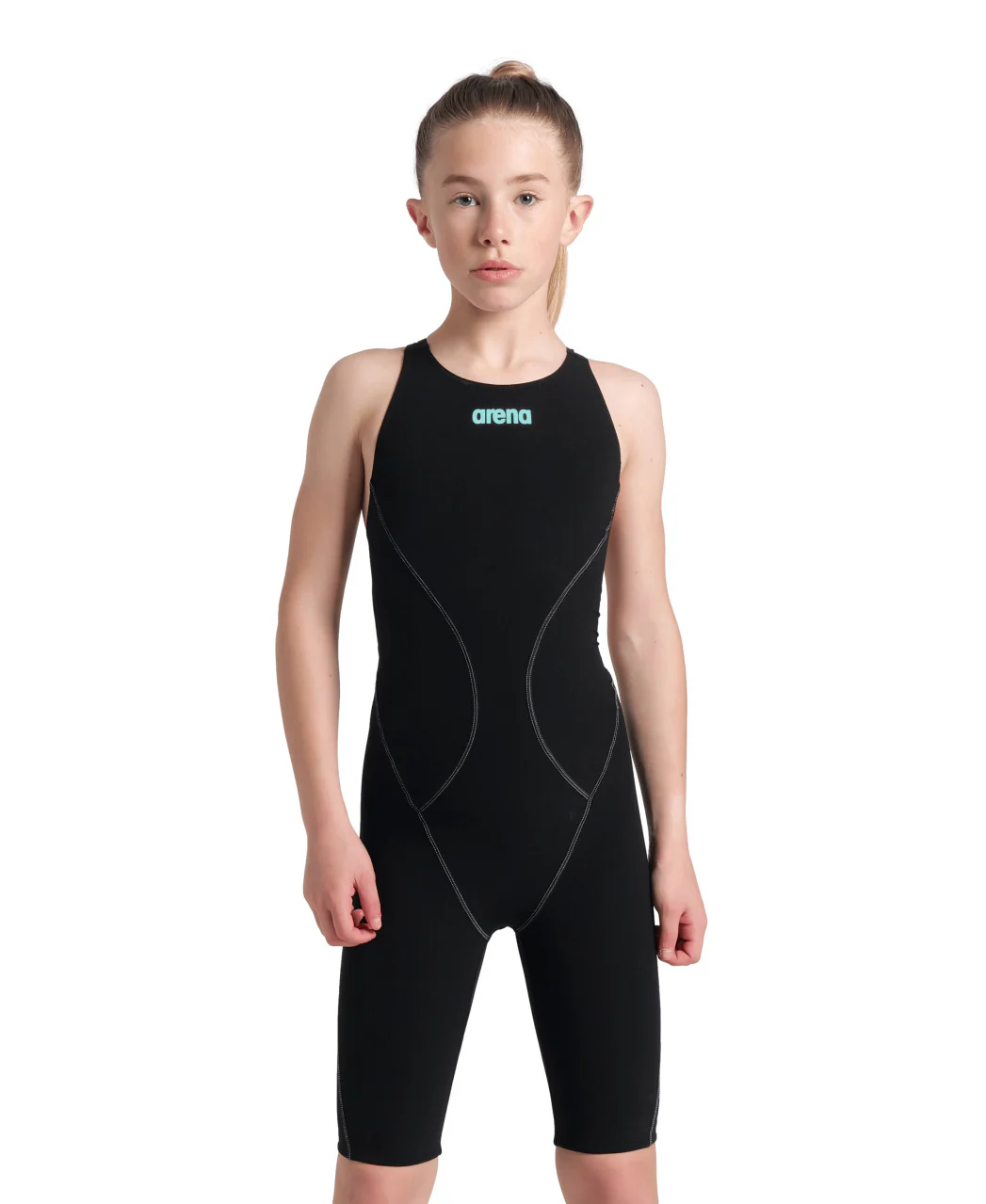 BAÑADOR POWERSKIN IMPULSO JR Espalda Abierta para niña - Negro/Verde Azulado