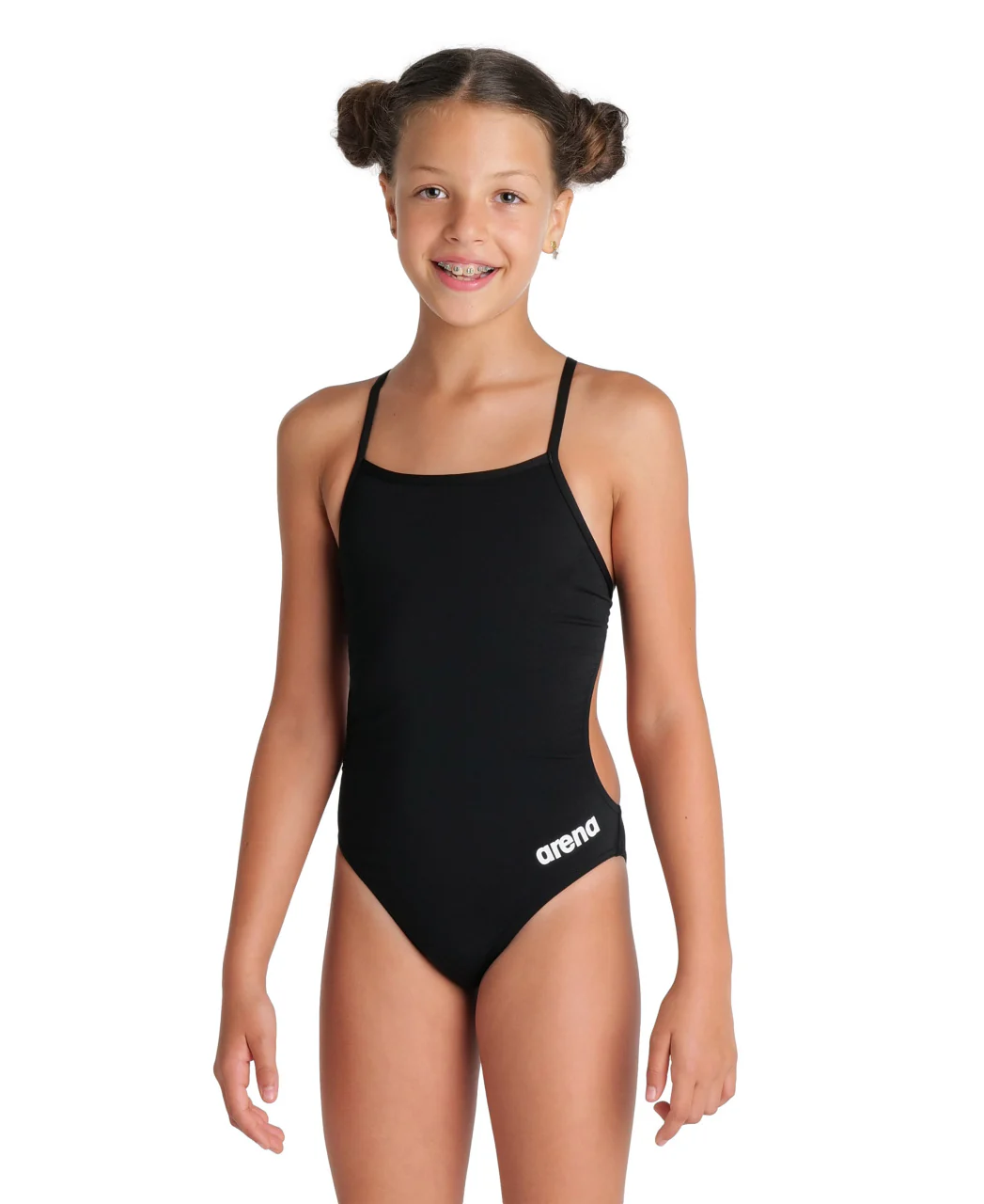 Bañador liso arena Performance para niña Challenge Team - Blanco Negro