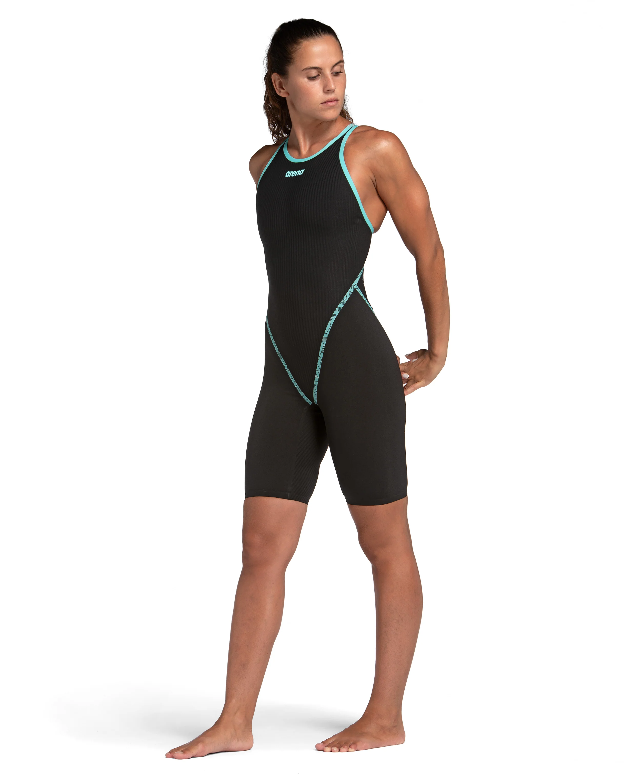 Traje de competición a la rodilla con espalda cerrada para mujer arena Powerskin Primo - Negro - Verde Azulado - Image 3